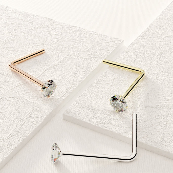 14K Solid Gold L Bend Cubic Zirconia Nose Stud