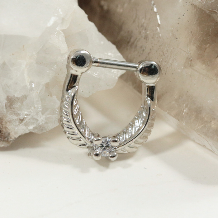 316L Surgical Steel Leaf with Clear Round CZ Stone Septum Clicker Ring