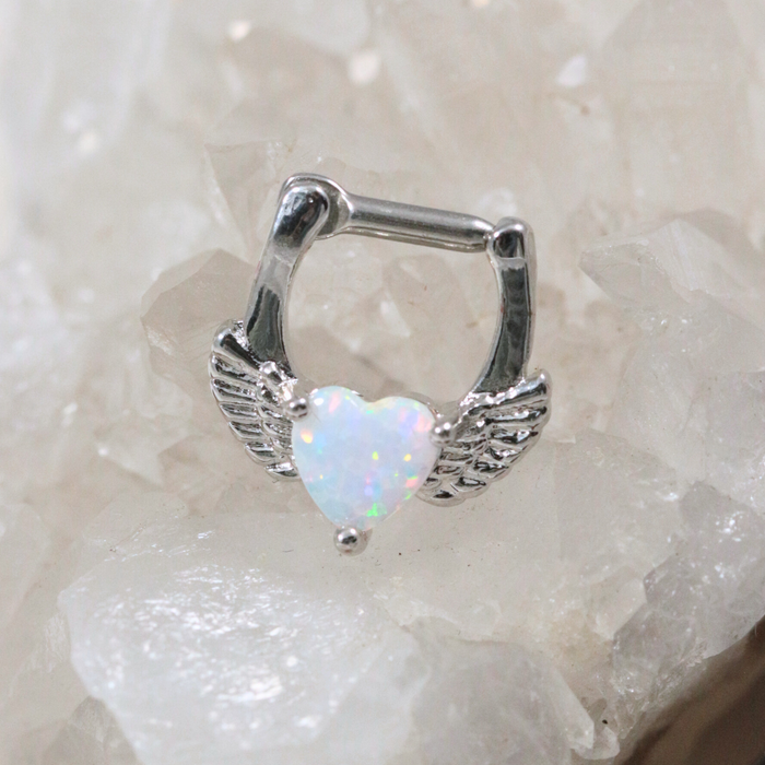 316L Surgical Steel Synthetic White Opal Heart Septum Clicker Ring