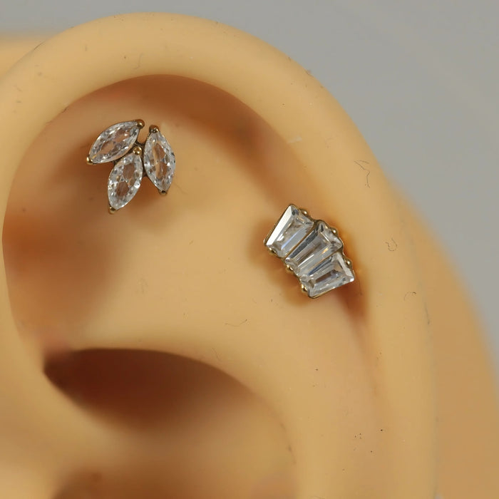 G23 Grade Titanium Marquise CZ Jeweled Leaf Set Internally Threaded Flat-Back Stud