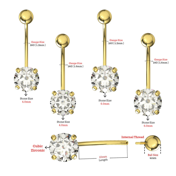 9K Solid Yellow Gold Round CZ Jewelled Internally Threaded Belly Ring