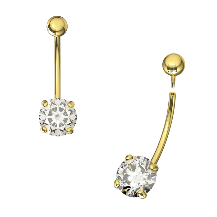 9K Solid Yellow Gold Round CZ Jewelled Internally Threaded Belly Ring