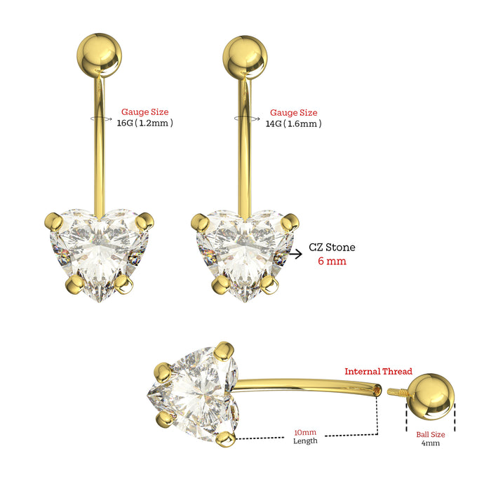 14K Solid Yellow Gold Heart CZ Jewelled Internally Threaded Belly Bar