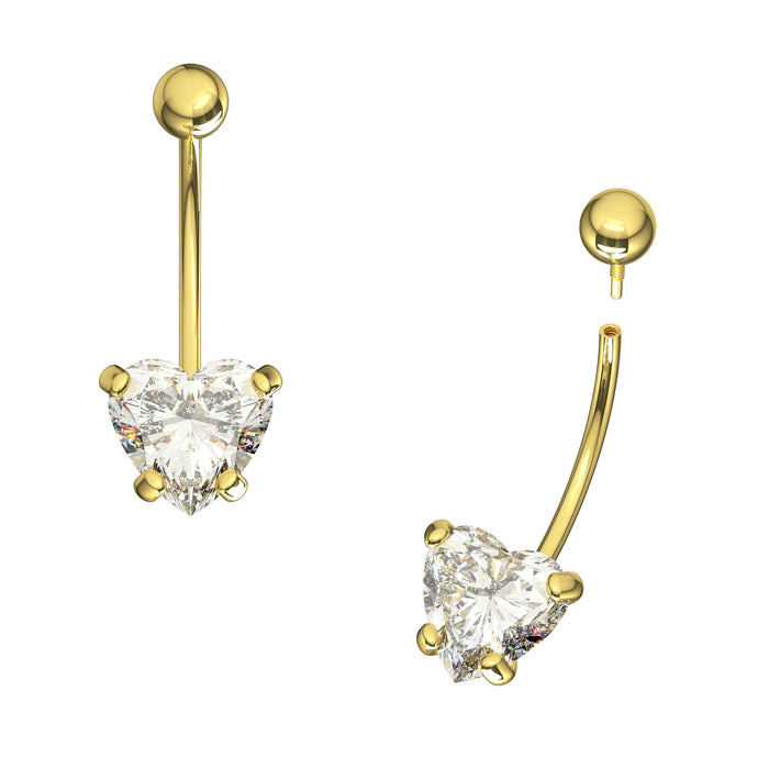 14K Solid Yellow Gold Heart CZ Jewelled Internally Threaded Belly Bar