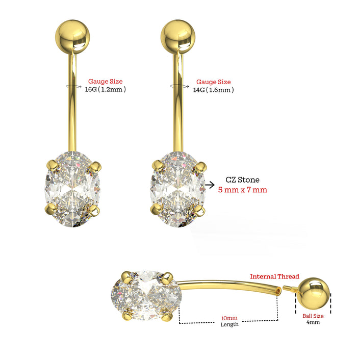 9K Solid Yellow Gold Oval CZ Jewelled Internally Threaded Belly Ring