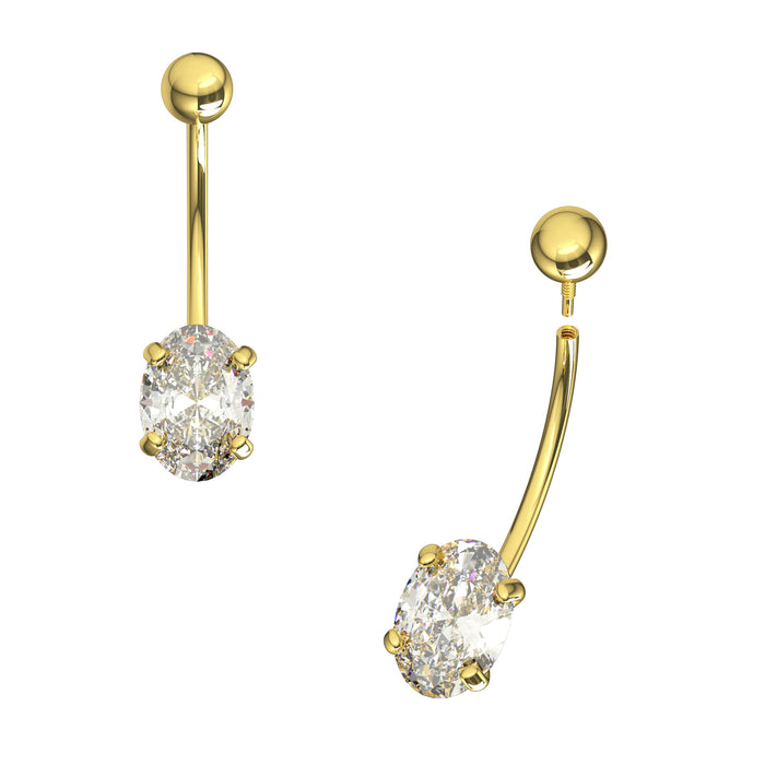 14K Solid Yellow Gold Oval CZ Jewelled Internally Threaded Belly Ring