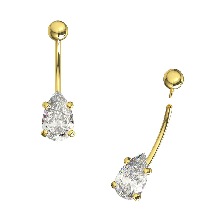 14K Solid Yellow Gold Pear CZ Jewelled Internally Threaded Belly Ring