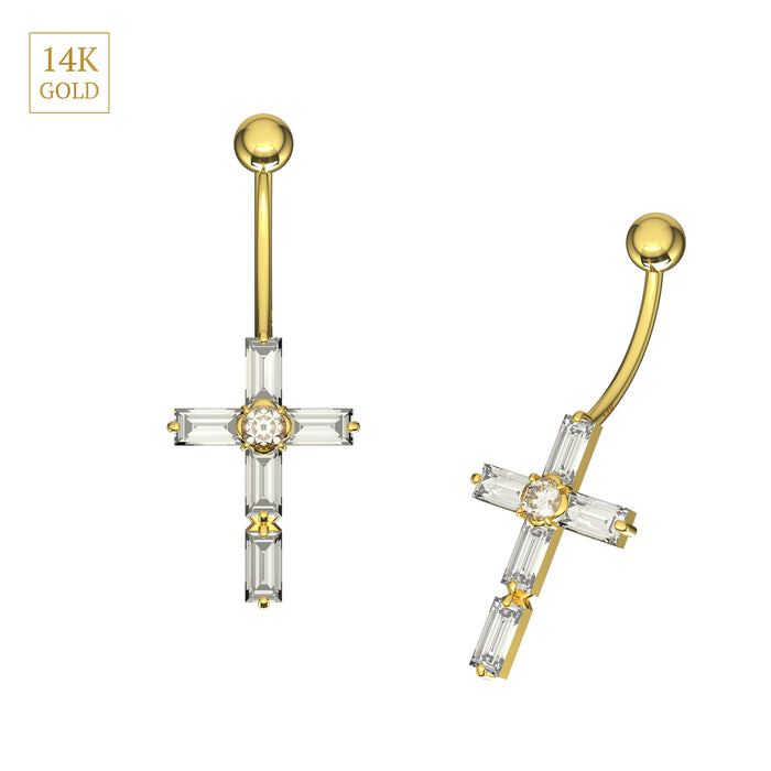 14K Solid Gold Dangling Gemstone Cross Belly Ring