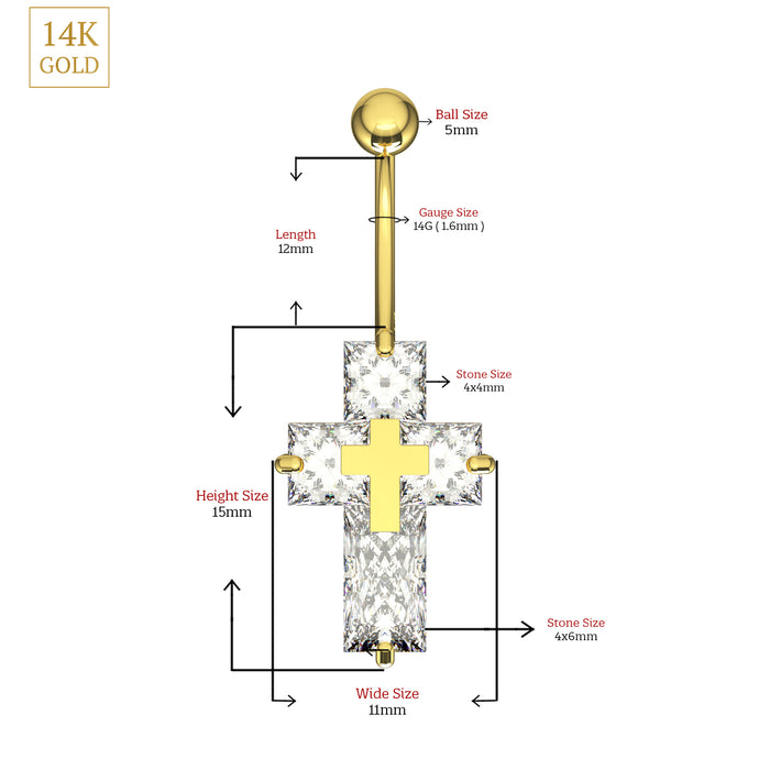 14K Solid Yellow Gold CZ Jewelled Cross Belly Bar