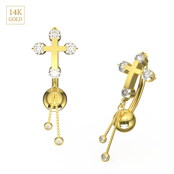 14K Solid Gold Studded Cross Dangler Belly Ring