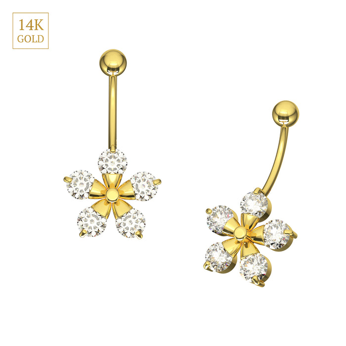 14K Solid Gold Studded Pentas Flower Belly Ring