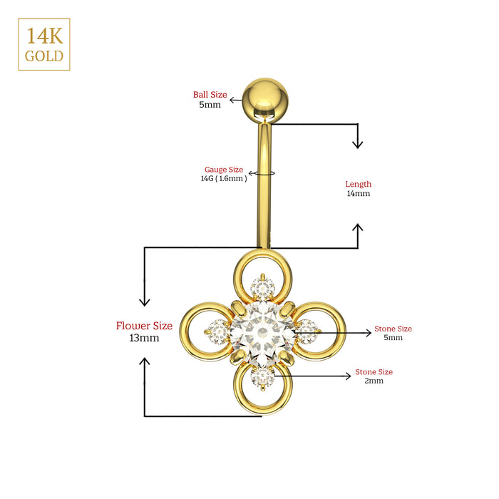 14K Solid Gold Studded Ring Flower Belly Ring