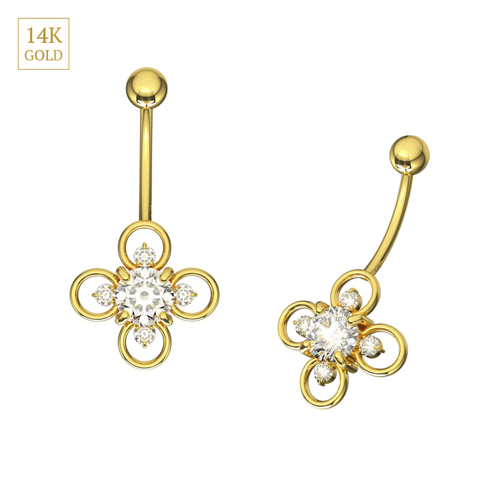 14K Solid Gold Studded Ring Flower Belly Ring