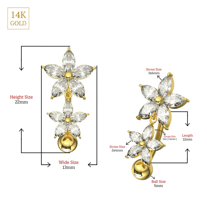 14K Solid Gold Jewelled Pentas Duo Belly Ring