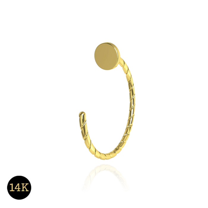 14K Gold Button Top Open Nose Hoop Laser Cut Ring