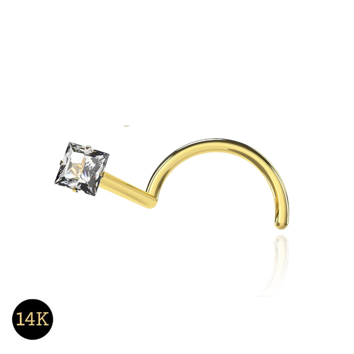 14K Gold Square CZ Jewelled Nose Screw