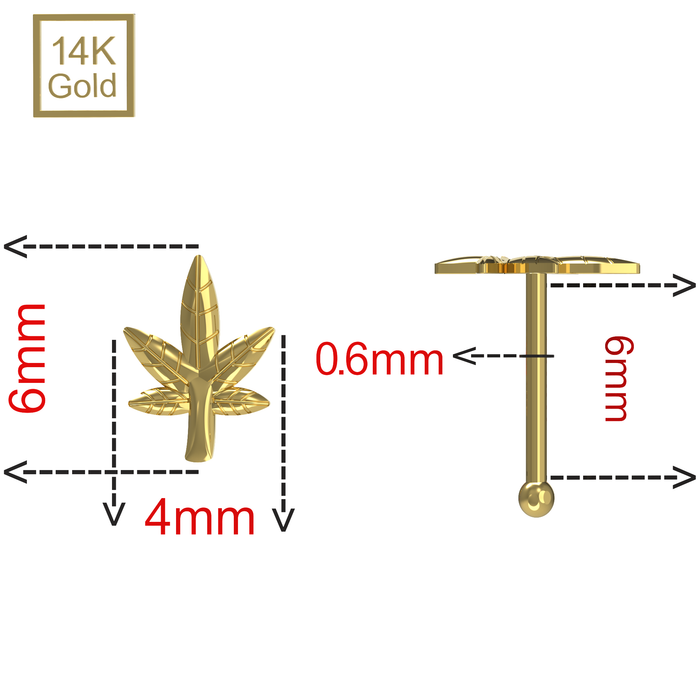 14K Solid Yellow Gold Ball End Marijuana Nose Stud