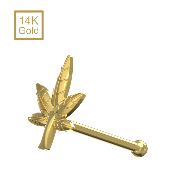 14K Solid Yellow Gold Ball End Marijuana Nose Stud