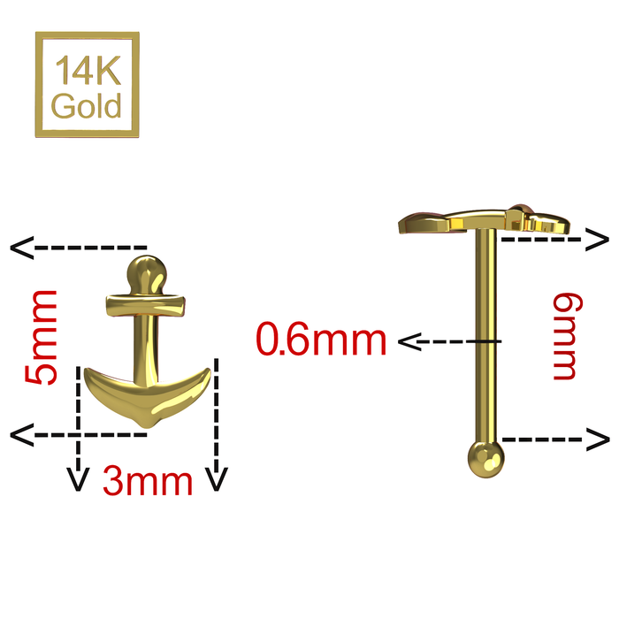 14K Solid Yellow Gold Ball End Anchor Nose Stud