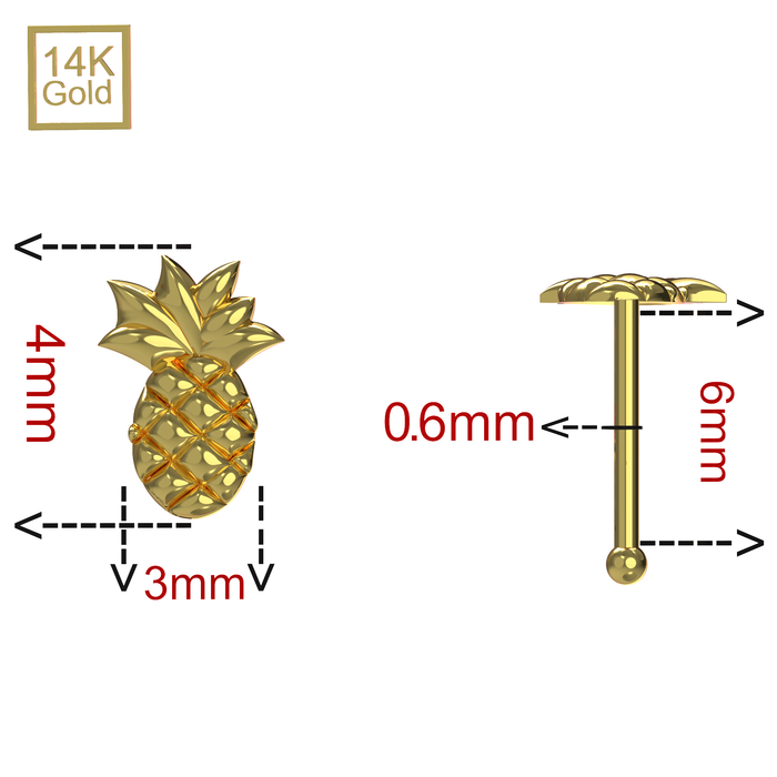 14K Solid Yellow Gold Embossed Pineapple Nose Bone Stud