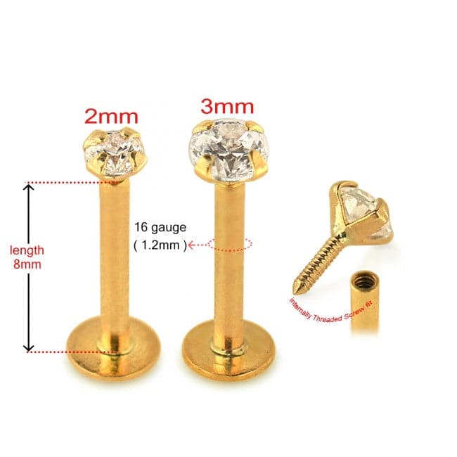 9K Gold Round Cubic Zirconia Top Internally Threaded Stud - Monster Piercing