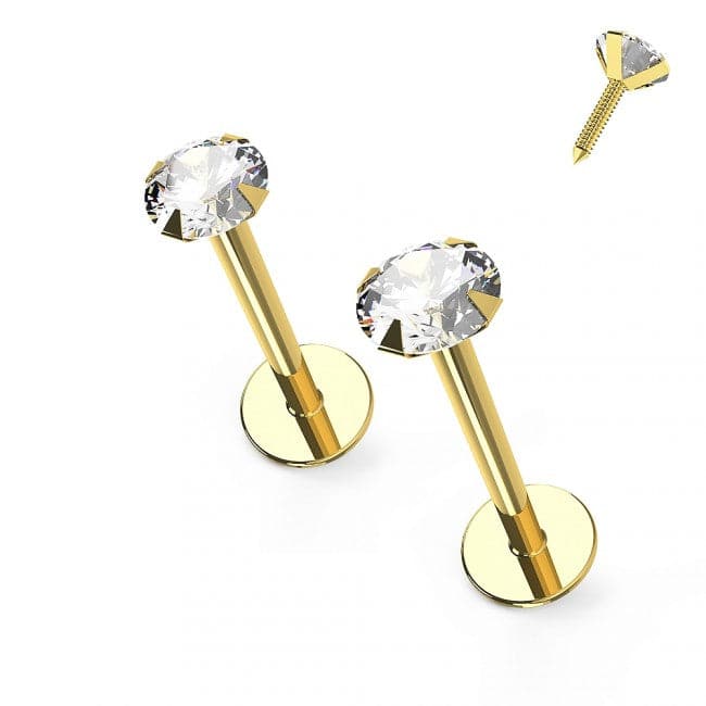 9K Gold Round Cubic Zirconia Top Internally Threaded Stud - Monster Piercing