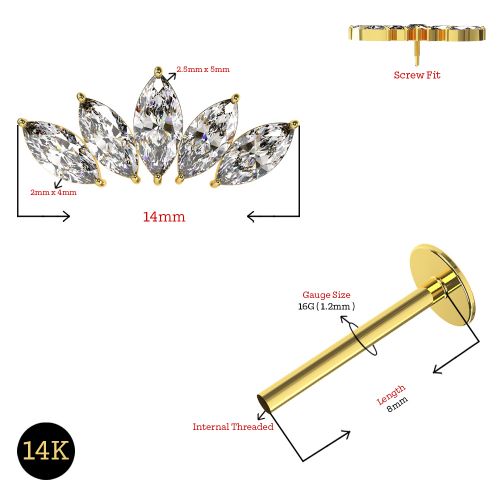 14K Gold Marquise Internal Threaded Flat Back Stud