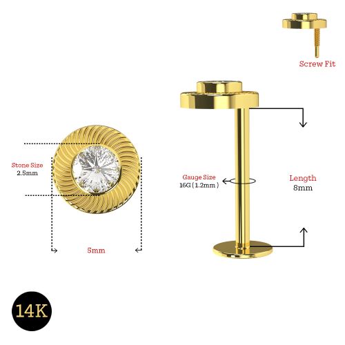 14K Gold Internally Threaded Round CZ Jewelled Screw Fit Stud