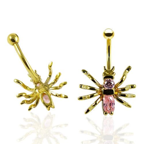 14ct Solid Gold Pink Jewelled Spider Belly Ring - Monster Piercing