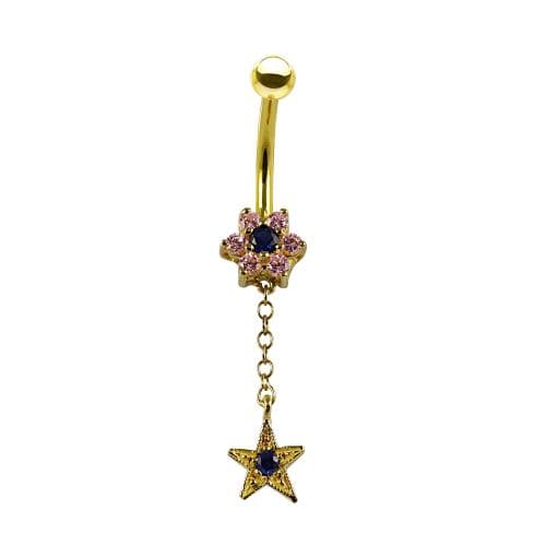 14ct Solid Gold Pink & Blue Jewelled Flower Dangling Belly Ring - Monster Piercing