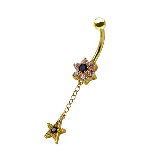 14ct Solid Gold Pink & Blue Jewelled Flower Dangling Belly Ring - Monster Piercing