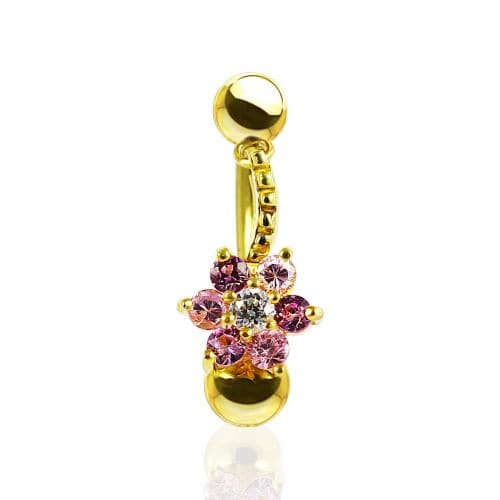 14ct Solid Gold Pink Jewelled Flower Dangling Belly Ring - Monster Piercing