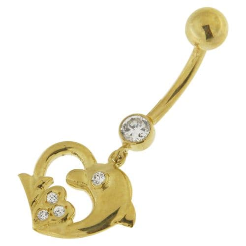 14ct Solid Gold Dolphin Heart Belly Ring - Monster Piercing