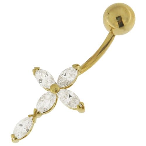 14ct Solid Gold Studded Cross Belly Ring - Monster Piercing