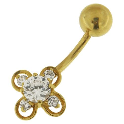 14ct Solid Gold Studded Clover Belly Ring - Monster Piercing