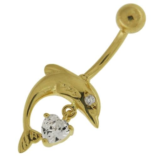 14ct Solid Gold Jewelled Dangling Dolphin Belly Ring - Monster Piercing