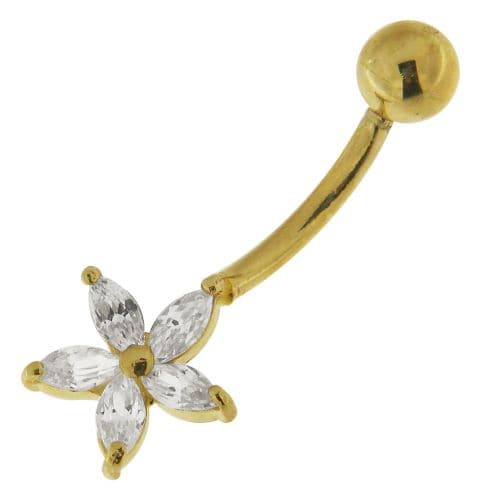 14ct Solid Gold Jewelled Dangling Pentas Belly Ring - Monster Piercing