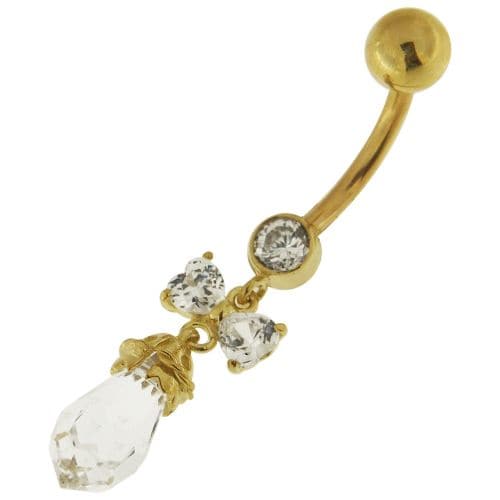 14ct Solid Gold Jewelled Dangling Bow Belly Ring - Monster Piercing