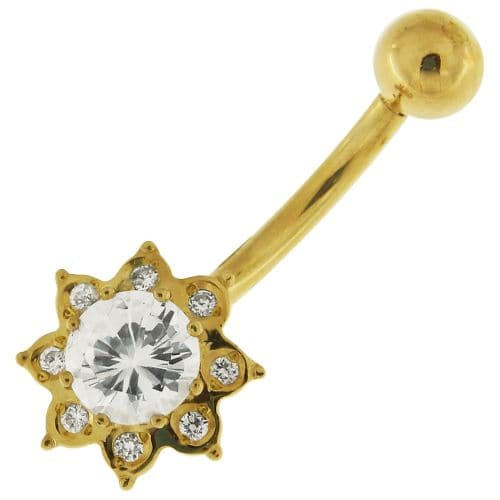 14ct Solid Gold Jewelled Flower Belly Ring - Monster Piercing