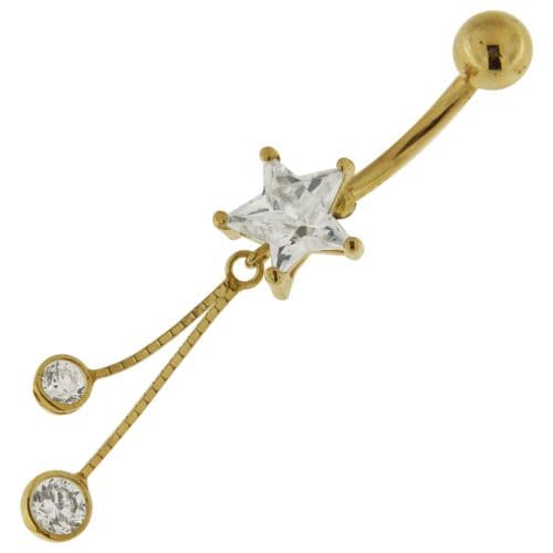 14ct Solid Gold Jewelled Dangling Star Belly Ring - Monster Piercing