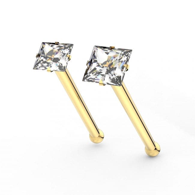 14ct Solid Gold with Square Cubic Zirconia Jeweled Ball End Nose Stud - Monster Piercing