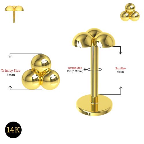 14K Gold Internally Threaded Trinity Balls Flat Back Stud