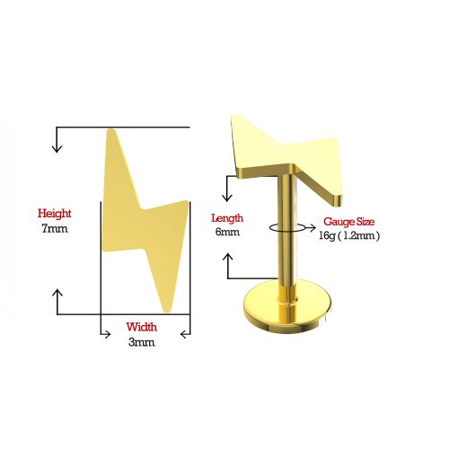 14K Solid Gold Internally Threaded Lightning Bolt Stud