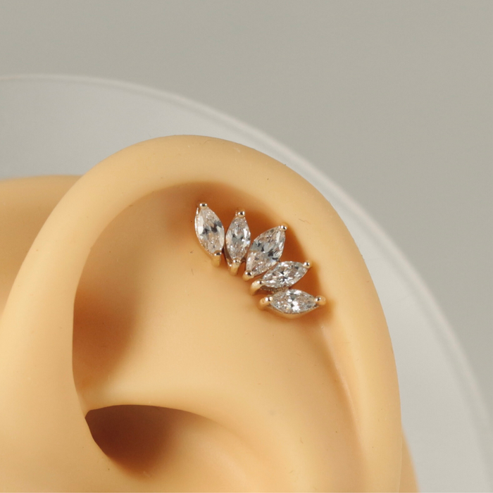 14K Solid Gold Internally Threaded 5 Marquise CZ Jewelled Stud