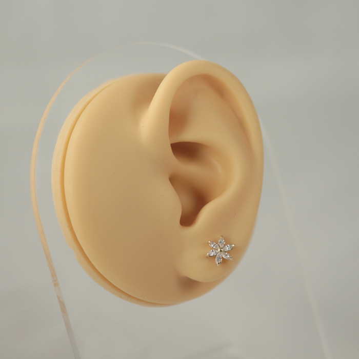 14K Solid Yellow Gold Marquise CZ Jewelled Pentas Flower Internal Thread Labret with Flower-Back Stud