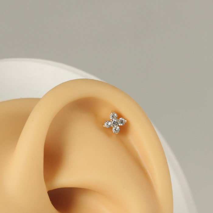 14K Solid Yellow Gold Round CZ Jewelled Cruciform Flower Push-Fit Labret with Flat-Back Stud