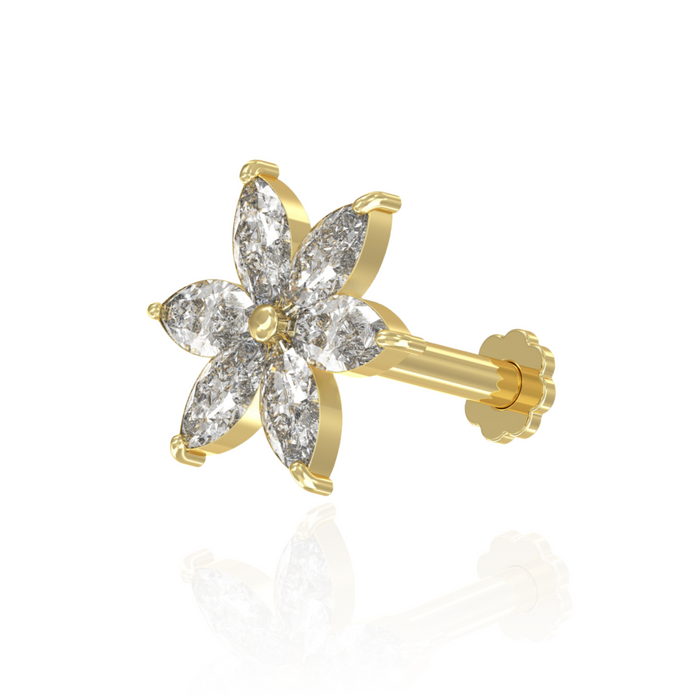 14K Solid Yellow Gold Marquise CZ Jewelled Pentas Flower Internal Thread Labret with Flower-Back Stud