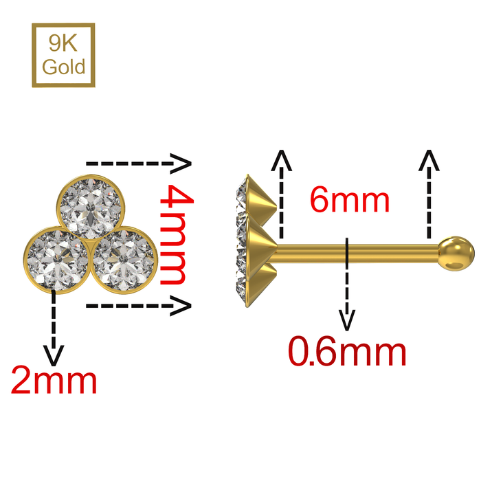 9K Yellow Gold Triple Stone Ball End Nose Pin