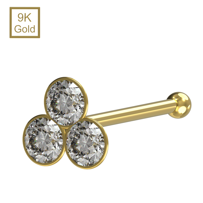 9K Yellow Gold Triple Stone Ball End Nose Pin