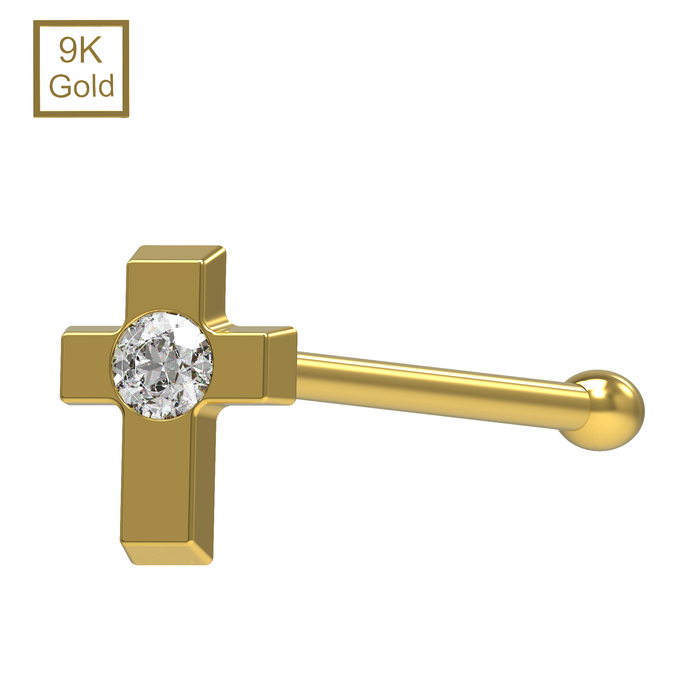 9K Gold Cubic Zirconia Jewelled Cross Design Ball End Nose Stud